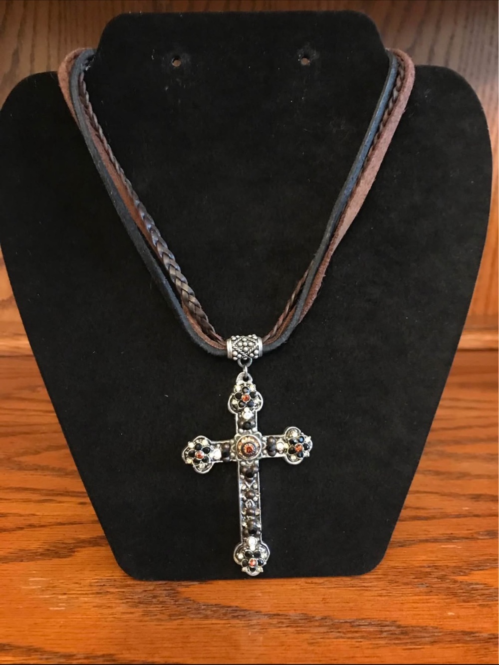 F.A.I.T.H Vintage Boho Silver Cross Pendant Necklace with Brown Leather Straps